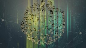 Fading nodes initiating headshot sphere rotating with colored bars scanning faces tech data flow. Cybersecurity, innovation, connectivity, digital, futuristic, technology, analysis - Powered by Shutterstock - Get 15% off with code: PIKWIZARD15