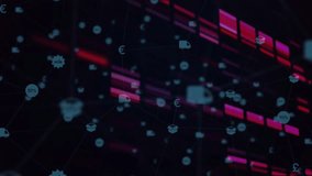 Red bars appearing behind floating commerce icons causing pulsing network illustrating trade flows. Cyberspace, connectivity, technology, digital, data, innovation, futuristic - Powered by Shutterstock - Get 15% off with code: PIKWIZARD15