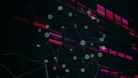 Wireframe lines converging, forming network rotating, icons pulsing while bars scanning data flow. Technology, innovation, data, analytics, cyber, digital, connectivity - Powered by Shutterstock - Get 15% off with code: PIKWIZARD15