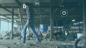 Farm worker entering poultry shed activating floating data icons monitoring environmental metrics. Rural, sustainability, digital, automation, agriculture, eco-friendly, industrial - Powered by Shutterstock - Get 15% off with code: PIKWIZARD15