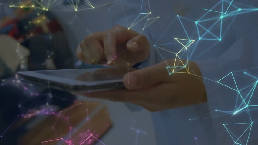 Medical researcher tapping touchscreen device and visualizing user network forming around head. Technology, innovation, data, science, digital, connectivity, futurism - Powered by Shutterstock - Get 15% off with code: PIKWIZARD15