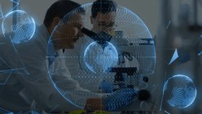 Lab scientists positioning microscope slide and causing rotating network globe for data analysis. Research, innovation, technology, collaboration, analysis, precision, visualization - Powered by Shutterstock - Get 15% off with code: PIKWIZARD15
