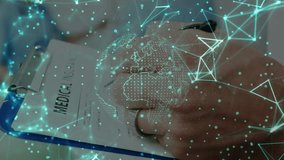 Doctor writing insurance form showing hologram globe as nurse monitoring patient for connected care. Healthcare, telemedicine, digital health, patient care, medical technology, clinical practice - Powered by Shutterstock - Get 15% off with code: PIKWIZARD15