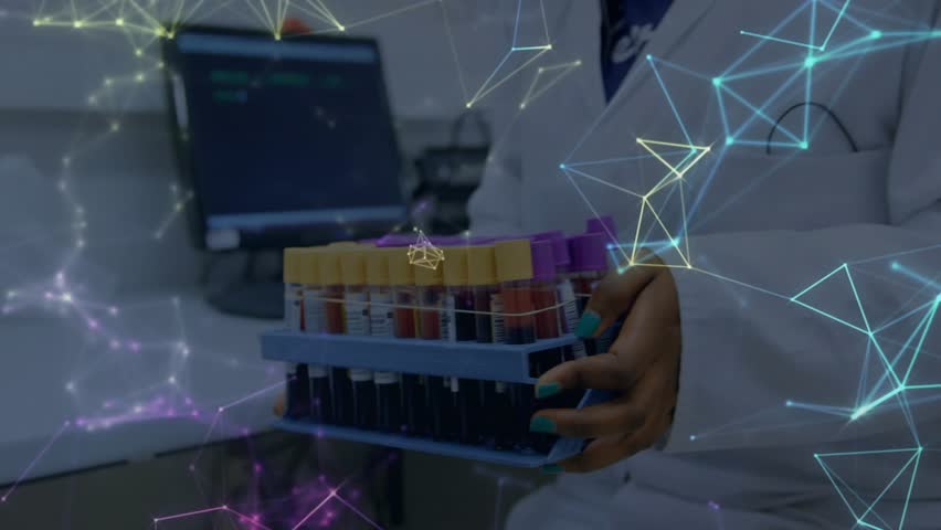 After network overlay rotating around rack, lab tech lowering rack for precise sample placement. Scientist, laboratory, genomics, digital, biotechnology, research, analysis - Powered by Shutterstock - Get 15% off with code: PIKWIZARD15