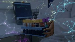 After network overlay rotating around rack, lab tech lowering rack for precise sample placement. Scientist, laboratory, genomics, digital, biotechnology, research, analysis - Powered by Shutterstock - Get 15% off with code: PIKWIZARD15