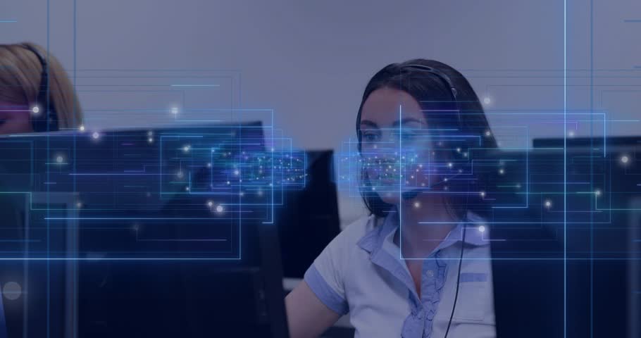 Female agent focusing on monitor and handling call in call center with data overlays pulsing. Technology, communication, digital, teamwork, professional, futuristic, analytics