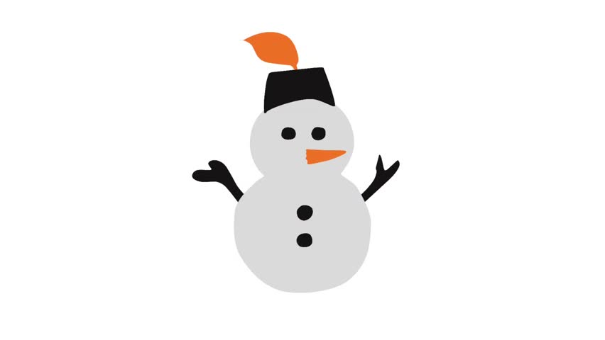 Delightful snowman animation with hat, scarf, and carrot nose. Great for holiday greetings, seasonal ads, winter parties, and Christmas design projects.