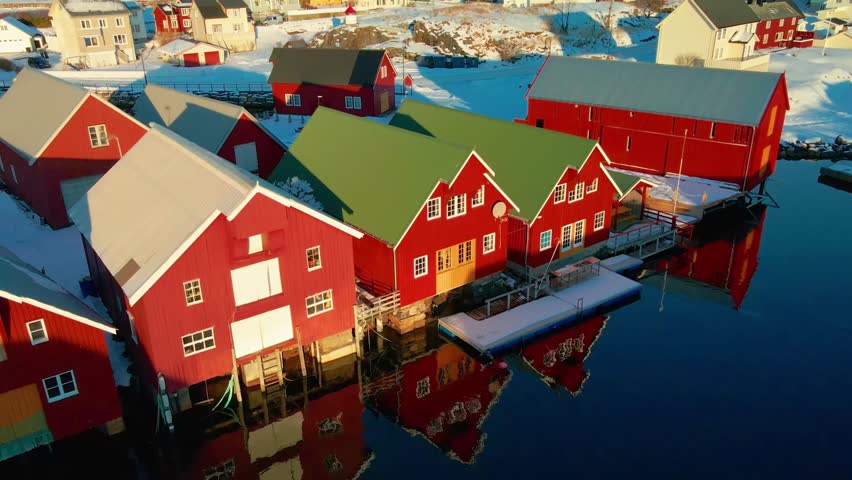 Aerial view of the picturesque Bud fishing village in winter, Norway.