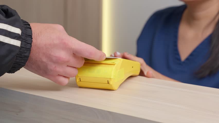 Close up of a client using a credit card for a cashless transaction at a physiotherapy clinic reception. A female receptionist holds the pos terminal