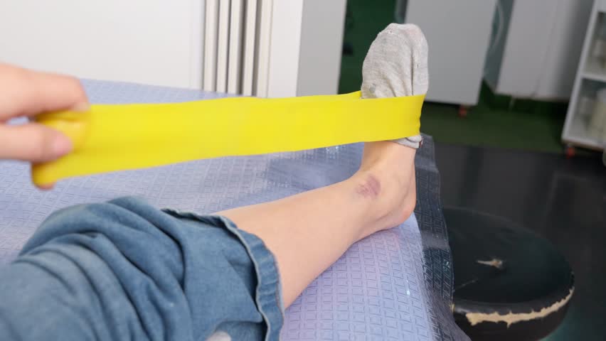 Close up of a patient performing ankle rehabilitation exercises with a yellow resistance band, focusing on physical therapy and recovery