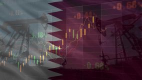 Oil pumps and rig with Qatar Waving Flag and Growing financial charts and diagrams showing increasing profits. - Powered by Shutterstock - Get 15% off with code: PIKWIZARD15
