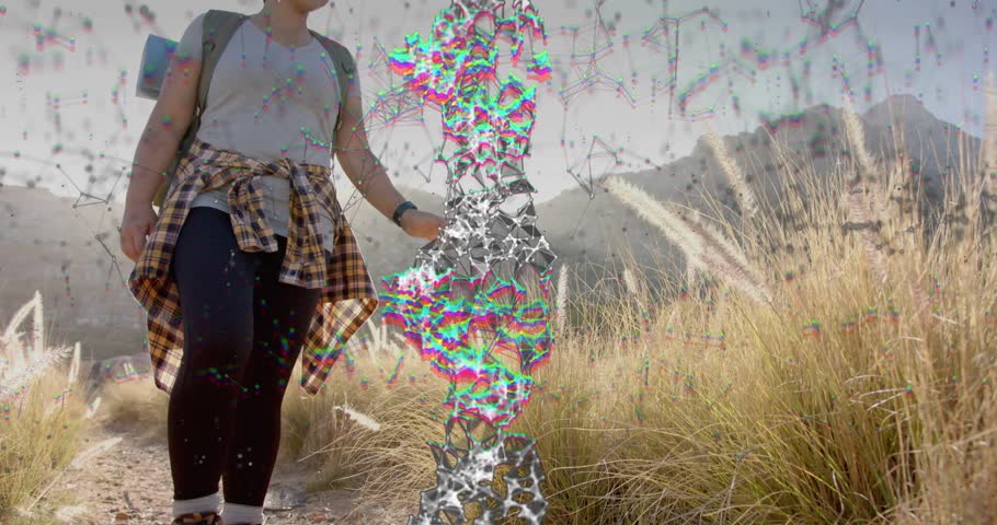 woman hiking on foothill trail brushing grass, glitch column emerging showcasing technology overlay. Adventure, exploration, wilderness, scenic, digital art, nature, outdoor activity