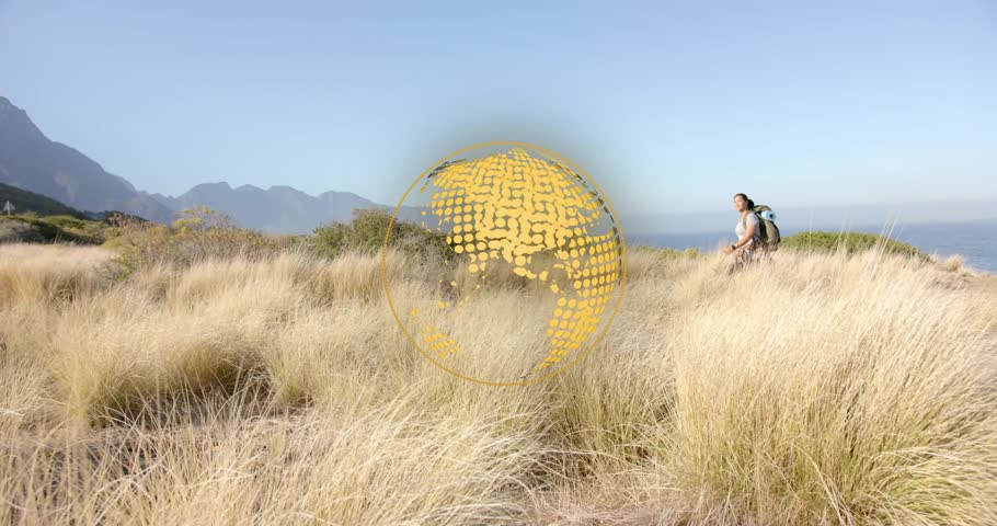 Spinning globe dissolving revealing hiker scanning grassland by sea for route planning in travel ad. Adventure, exploration, discovery, wilderness, outdoor, voyage, landscape