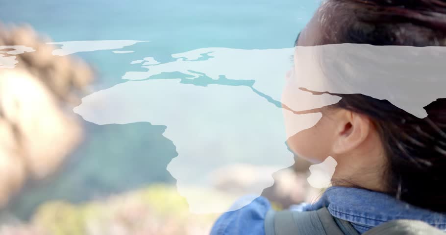 woman with backpack gazing at ocean, world map fade-in and dropping markers for travel planning. Adventure, exploration, wanderlust, discovery, geography, navigation, outdoor