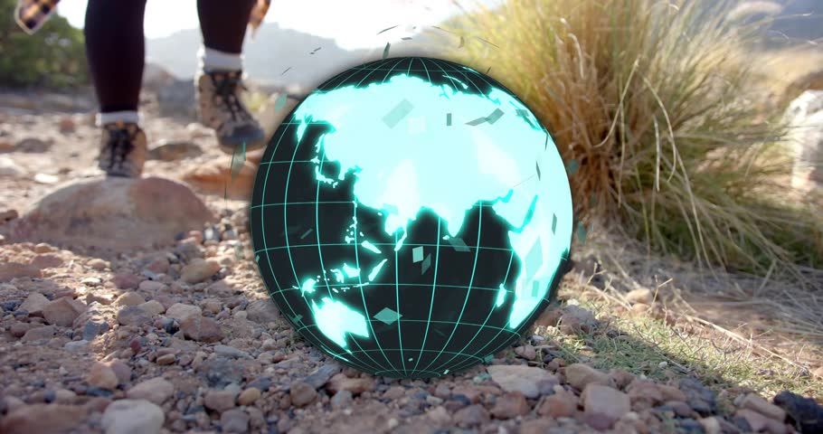Female hiker holding smartphone walking rocky trail, causing technology globe rotating glowing grid. Adventure, exploration, technology, innovation, digital, outdoor, discovery