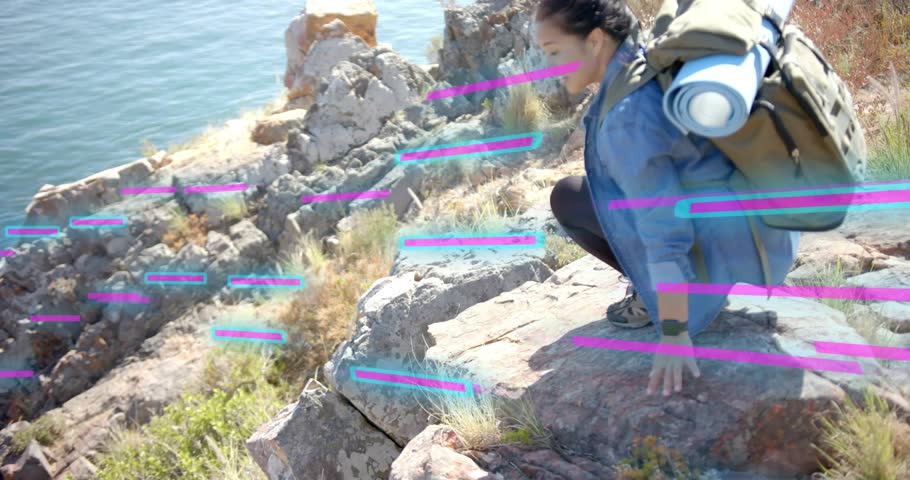 Adventure travel hiker arriving coastal cliff, pushing off rock, adjusting backpack, admiring water. Outdoors, exploration, wilderness, serenity, voyage, rugged, journey