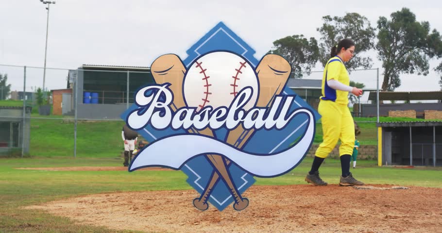 Pitcher delivering pitch, catcher throwing to first to retire runner, with animated Baseball logo. Athletics, sports, competition, team, motion, outdoor, energetic