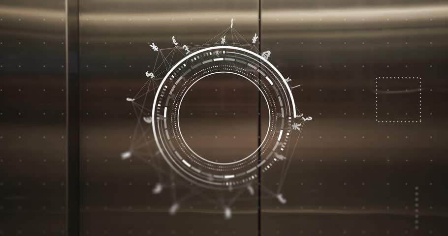 Bank customer placing ID card against reader and activating circular HUD icons for secure access. Futuristic, security, access, digital, technology, modern, urban