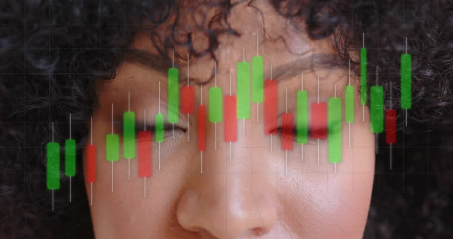 Financial analyst watching green red candlestick bars sliding over eyes, showing data approval grin. Digital, analytics, professional, modern, success, insight, confidence