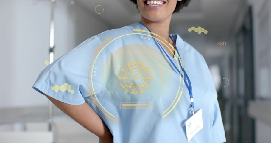 Camera zooming on nurse in hospital activating HUD highlighting molecular data then scanning face. Healthcare, technology, innovation, professionalism, science, biotechnology, digital
