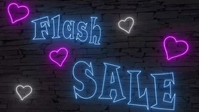 Flash SALE + silhouette of colorful hearts illuminated 3d illustration retro neon signs on dark brick wall, cute invitation, 10s4k video art blue pink silver, eye catching, attract attention! - Powered by Shutterstock - Get 15% off with code: PIKWIZARD15