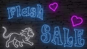 Flash SALE + silhouette of powerful lion illuminated 3d illustration retro neon signs on dark brick wall, cute invitation, 10s4k video art blue pink silver, eye catching  - Powered by Shutterstock - Get 15% off with code: PIKWIZARD15