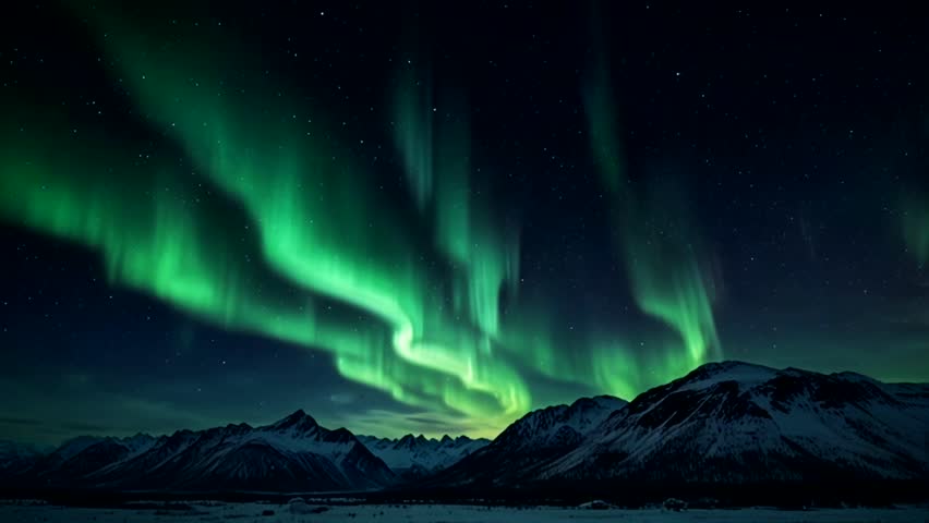 A dramatic and stunning night view shows the Aurora Borealis phenomenon radiating bright green in the dark night sky, above a mountainous landscape.