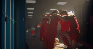 United Soccer Team Stands in a Tight Circle with Arms Around Each Other’s Shoulders, Motivating Themselves in the Locker Room Before the Match. Energy Builds as They Get Pumped for the Game - Powered by Shutterstock - Get 15% off with code: PIKWIZARD15