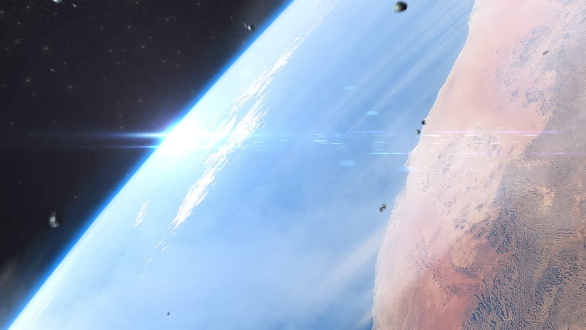 Asteroids drifting above Earth Countless dark asteroids float in space above Earth’s curved horizon, creating a chaotic and dangerous orbital field.