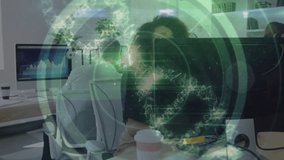 Data analyst sipping coffee while typing and scrolling to expand holographic globe for tech review. Collaboration, teamwork, innovation, digital, technology, modern, business - Powered by Shutterstock - Get 15% off with code: PIKWIZARD15