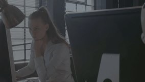 Woman typing keys and initiating holographic data grid encircling desk for tech data monitoring. Futuristic, innovation, digital, technology, workspace, data visualization, professional - Powered by Shutterstock - Get 15% off with code: PIKWIZARD15