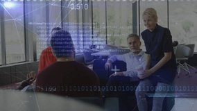 Four colleagues initiating data-driven brainstorming amid animated binary overlays in tech lounge. Collaboration, innovation, digital, teamwork, modern, brainstorming, technology - Powered by Shutterstock - Get 15% off with code: PIKWIZARD15