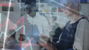 Mature female executive tapping tablet and starting animated business chart showing market trends. Data, analytics, technology, corporate, professional, sleek, innovative - Powered by Shutterstock - Get 15% off with code: PIKWIZARD15