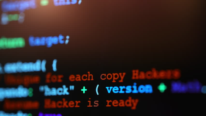 Close up of computer monitor screen with programming code, hacker background, software development, cyber security, coding technologies and digital innovation concept