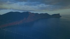 Calm ocean view initiating overlaying bar chart fading with red line tracing colorful data trends. Seascape, data visualization, analytics, digital, vibrant, professional, information - Powered by Shutterstock - Get 15% off with code: PIKWIZARD15