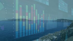 Coastal view starting bar charts fading adjusting tracing line popping pies panels showing trends. Seascape, data visualization, infographic, analytics, digital, calm, futuristic - Powered by Shutterstock - Get 15% off with code: PIKWIZARD15