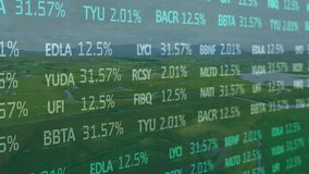 Alphanumeric codes appearing over farmland updating percentages rearranging and showing live data. Data visualization, farmland, landscape, digital overlay, analytics, environmental, innovation - Powered by Shutterstock - Get 15% off with code: PIKWIZARD15