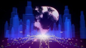 Flare initiating rising data bars and globe emitting particles, showing shifting numeric data. Futuristic, digital, holographic, neon, high-tech, data visualization, abstract - Powered by Shutterstock - Get 15% off with code: PIKWIZARD15