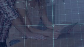 Colleagues leaning over desk tapping tablet interface with grid overlay appearing for business data. Collaboration, teamwork, digital, modern, workspace, communication, interface - Powered by Shutterstock - Get 15% off with code: PIKWIZARD15