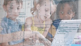 Children leaning over laptop and tablet with code overlay drifting, tapping during digital lesson. Learning, technology, teamwork, education, curiosity, innovation, digital - Powered by Shutterstock - Get 15% off with code: PIKWIZARD15