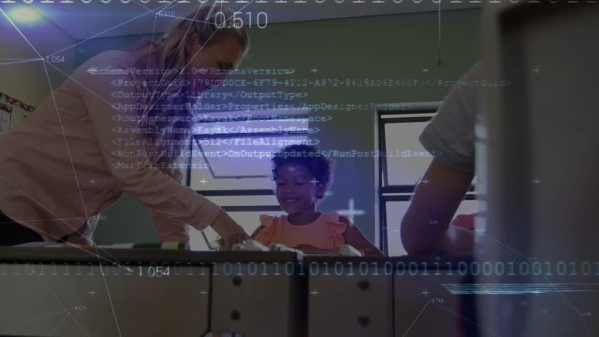 Instructor leaning over desk pointing workbook guiding while classroom binary overlay playing. Educator, learning, mentorship, education, training, classroom, student engagement - Powered by Shutterstock - Get 15% off with code: PIKWIZARD15