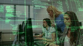 Instructor entering computer training and guiding student coding review with animated code lines. Training, collaboration, mentorship, education, technology, modern, professional - Powered by Shutterstock - Get 15% off with code: PIKWIZARD15