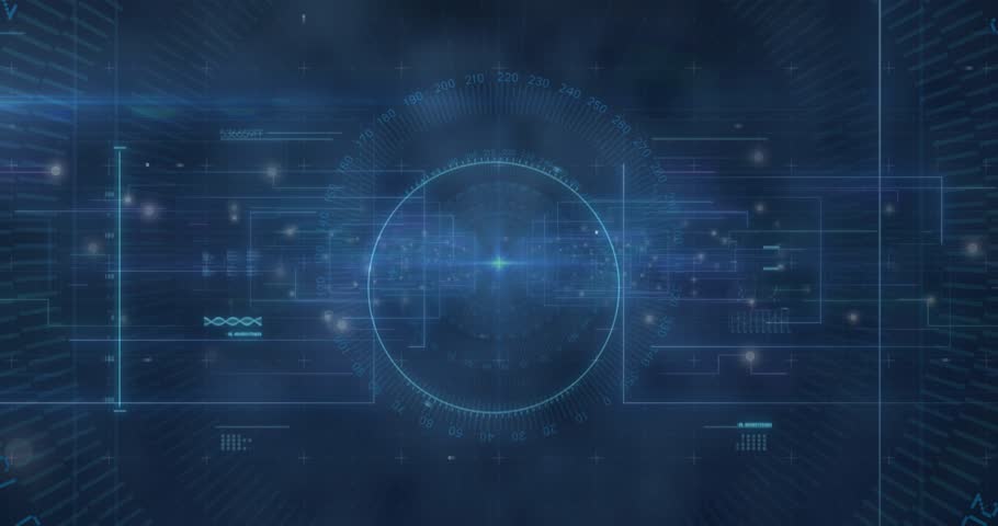HUD activating reticles while wireframe virus rising rotating and panels updating for data analysis. Futuristic, technology, digital, cybersecurity, visualization, synthetic, data