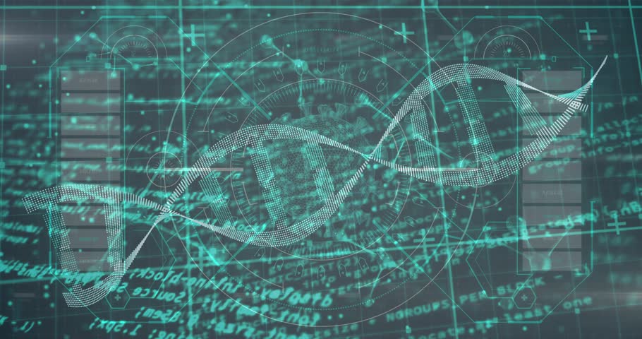 Holographic DNA helix appearing and rotating while HUD rings and nodes animating and decoding data. Biotechnology, digital, futuristic, visualization, innovation, science, medical