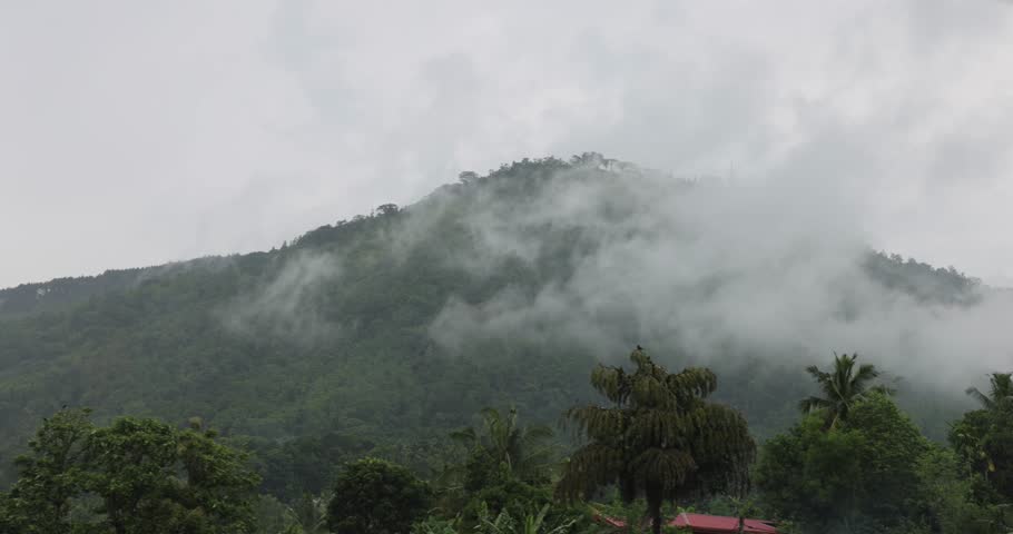 Scenic view of a misty mountain covered with tropical forest, captured from a moving train in Sri Lanka. High quality stock footage perfect for tourism, eco travel, wanderlust, and cinematic promos.