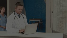 Doctor typing network graphics linking laptop schedule board as nurse pointing entries in hospital. Medical, healthcare, digital, technology, teamwork, collaboration, modern - Powered by Shutterstock - Get 15% off with code: PIKWIZARD15