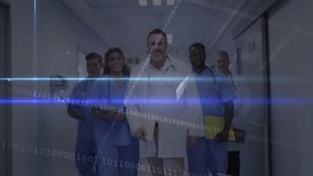 Medical team walking toward camera in corridor with blue beam and digital code intensifying. Healthcare, teamwork, innovation, technology, professionalism, medical, clinical - Powered by Shutterstock - Get 15% off with code: PIKWIZARD15