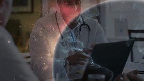Doctor explaining treatment plan while manipulating rotating digital globe in medical consultation. Healthcare, telemedicine, digitalhealth, globalreach, professional, futuristic, visualization - Powered by Shutterstock - Get 15% off with code: PIKWIZARD15