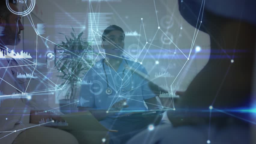 Doctor pointing to node as nurse tapping tablet, clinician viewing data overlay in medical meeting. Collaboration, healthcare, technology, analytics, digital, teamwork, innovation - Powered by Shutterstock - Get 15% off with code: PIKWIZARD15