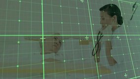 Female doctor taking stethoscope and listening to patient heartbeat for heart exam with grid lines. Medical, healthcare, telemedicine, technological, clinical, diagnostic, innovation - Powered by Shutterstock - Get 15% off with code: PIKWIZARD15